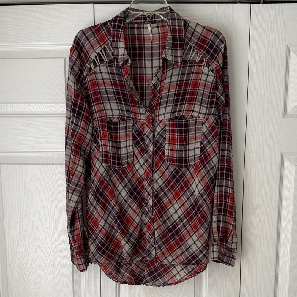 Free People Plaid Blouse Gauze Purple Orange Size Medium Cut Out design